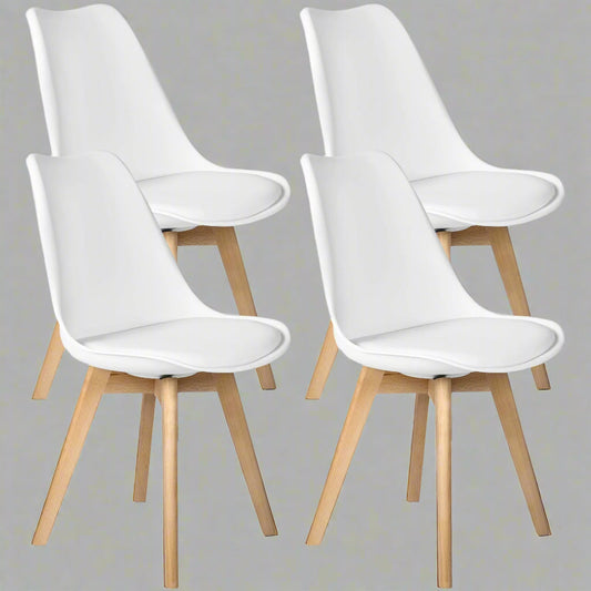 4-Piece Modern White Dining Chair Set – Matte Plastic Seats with Wooden Legs | SKU: AMPVC04